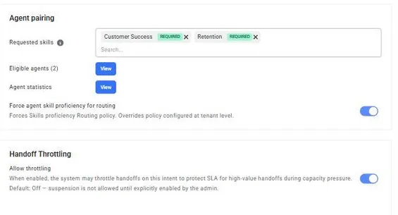 ExpertLoop™ agent pairing on an intent: required skills with enforced proficiency, eligible agents, and handoff throttling